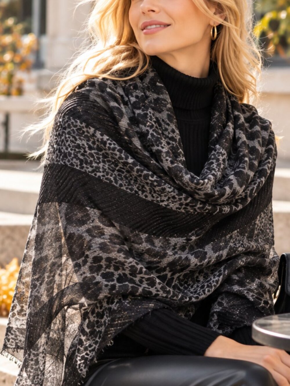 NWT Jessica McClintock Black & Gray Leopard Print Sheer Wrap Scarf | 32"x64"